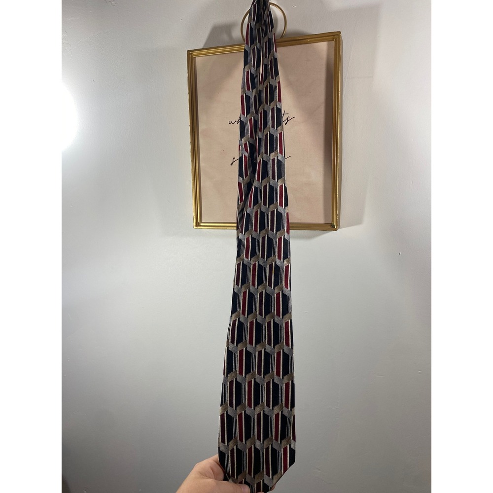 Pierre Cardin Silk Tie Burgundy Black Geometric Art Deco Woven Necktie Mens